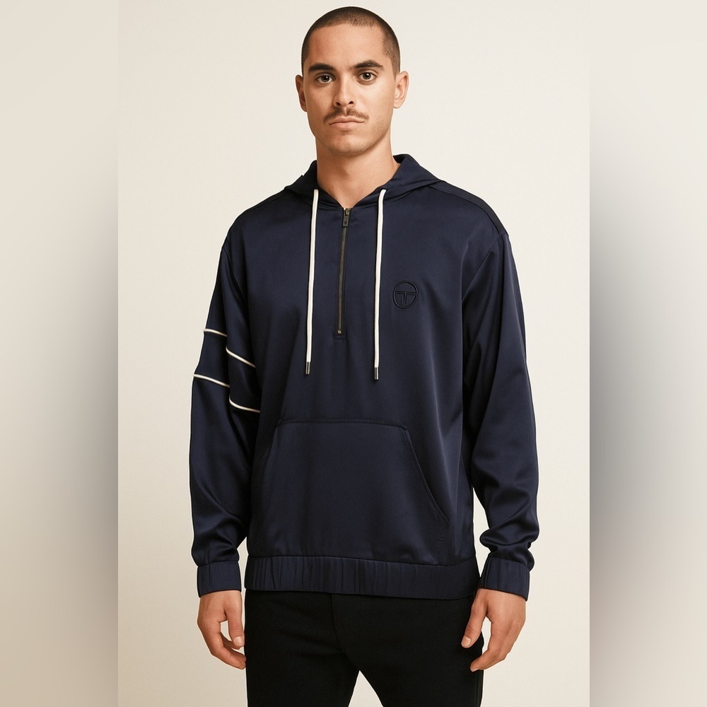 Sergio Tacchini Silk Quarter Zip Sweatshirt Navy Blue Satin XS Sporty Luxury